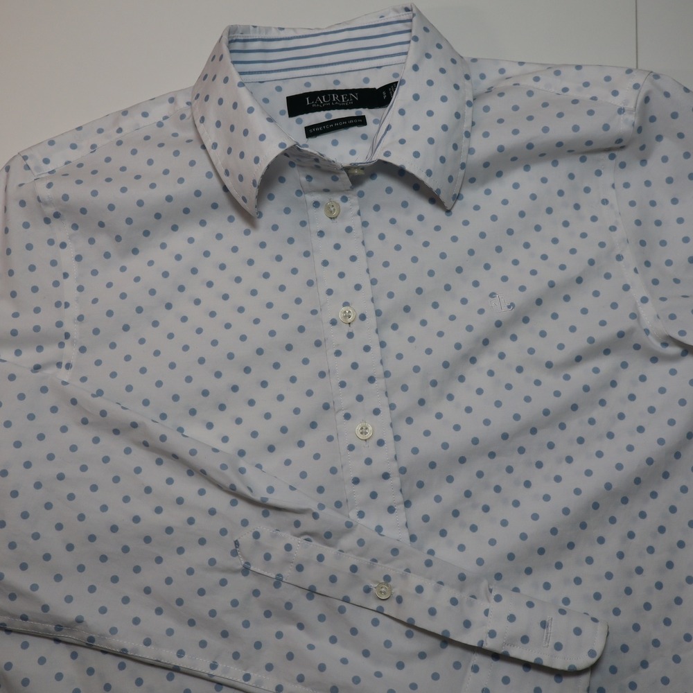 Lauren Ralph Lauren Button Down Women SP Blue Polka Dot Stretch Non Iron Blouse